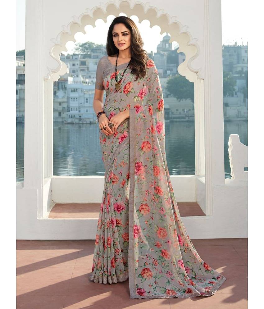 BLEESBURY Georgette Printed Saree With Unstitched Blouse Piece ( Pink )