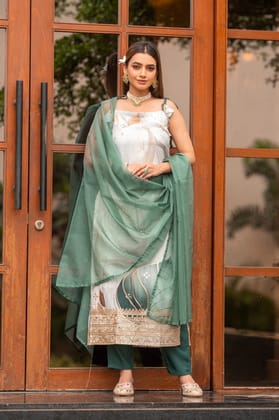 Pista Color Sequined Embroidered Work Kurta With Trousers & Dupatta-XS