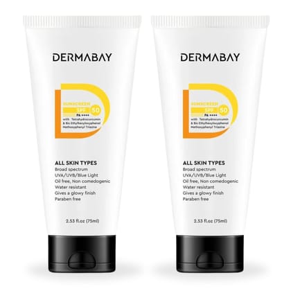 Dermabay Sunscreen SPF 50 PA++++ Invisible Glowy Finish, Quickly Absorbing, Best for Summer and Humid Weather, Water Resistant, Sweatproof, Non Comedogenic, Ideal for Women and Men, 75ml (Pack Of 2) Dermabay Sunscreen SPF 50 PA++++ Invisible Glowy Finish