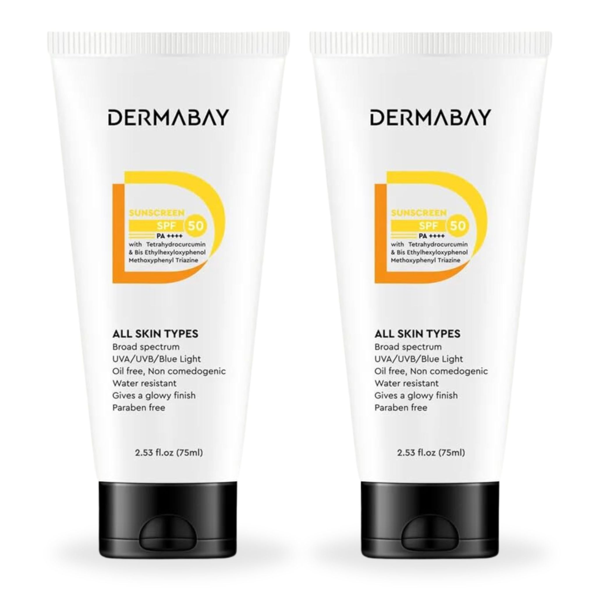Dermabay Sunscreen SPF 50 PA++++ Invisible Glowy Finish, Quickly Absorbing, Best for Summer and Humid Weather, Water Resistant, Sweatproof, Non Comedogenic, Ideal for Women and Men, 75ml (Pack Of 2) Dermabay Sunscreen SPF 50 PA++++ Invisible Glowy Finish