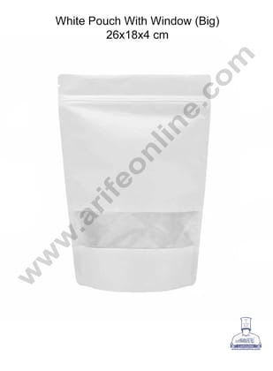 Cake Decor Big Matte White Aluminum Foil Zipper With Window Pouch (Pack of 10 Pcs)