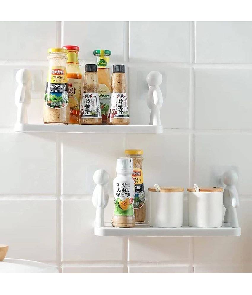 BLUE HOME AND KITCHEN Plastic Self Adhesive Wall Mounted Human Figure Plastic Bathroom Shelf White (Pack of 2)