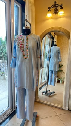 Blue Cotton Linen full sleeves Kurta Set-XXS