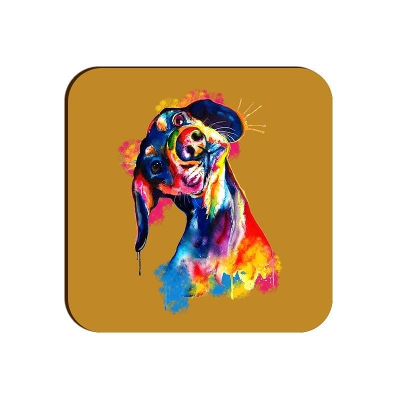 Tilted Head Rainbow Dog Square Coaster