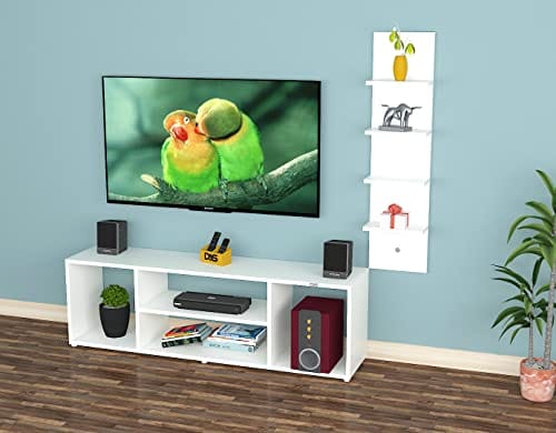 DAS Bogart Floor Standing Engineered Wood TV Entertainment Unit with Wall Mount Display Shelf for Living Room Frosty White- Ideal for Upto 55" Screen