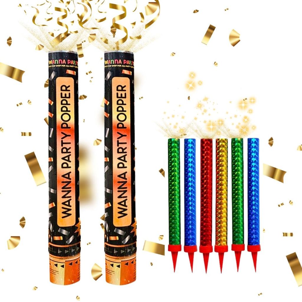 Party Poppers - Pack of 2 & and Sparkling Candle - Pack of 6 Combo Pack - Party and Festive Needs | Buy online on ZillyBuy