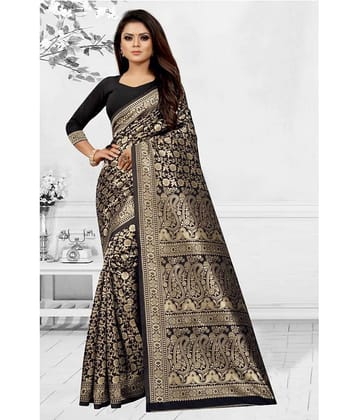 Gazal Fashions Banarasi Silk Printed Saree With Unstitched Blouse Piece ( Black )