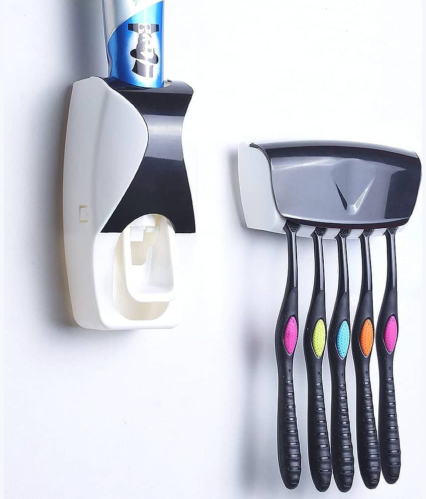 UniqueCartz Plastic Dust-Proof Wall Mounted Automatic Toothpaste Squeezer Dispenser and Detachable 5 Hole Toothbrush Holder Kit