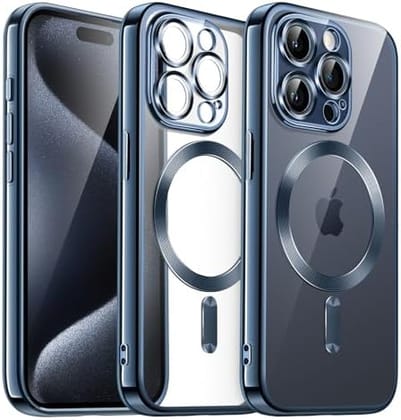 Plugtech TPU Designed for iPhone 15 Pro Luxury Electroplating Case [Magnetic MagSafe] [Integrated Lens Protection] Back Cover Case for iPhone 15 Pro (Blue)