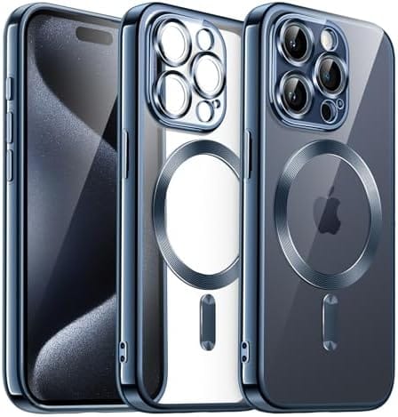 Plugtech TPU Designed for iPhone 15 Pro Luxury Electroplating Case [Magnetic MagSafe] [Integrated Lens Protection] Back Cover Case for iPhone 15 Pro (Blue)