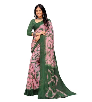 Generic Women's Georgette Printed Saree with Unstitched Blouse Piece, Soft Lightweight 5.5 m Sari for Daily, Office and Wear (Pink-Green, Design 67573)