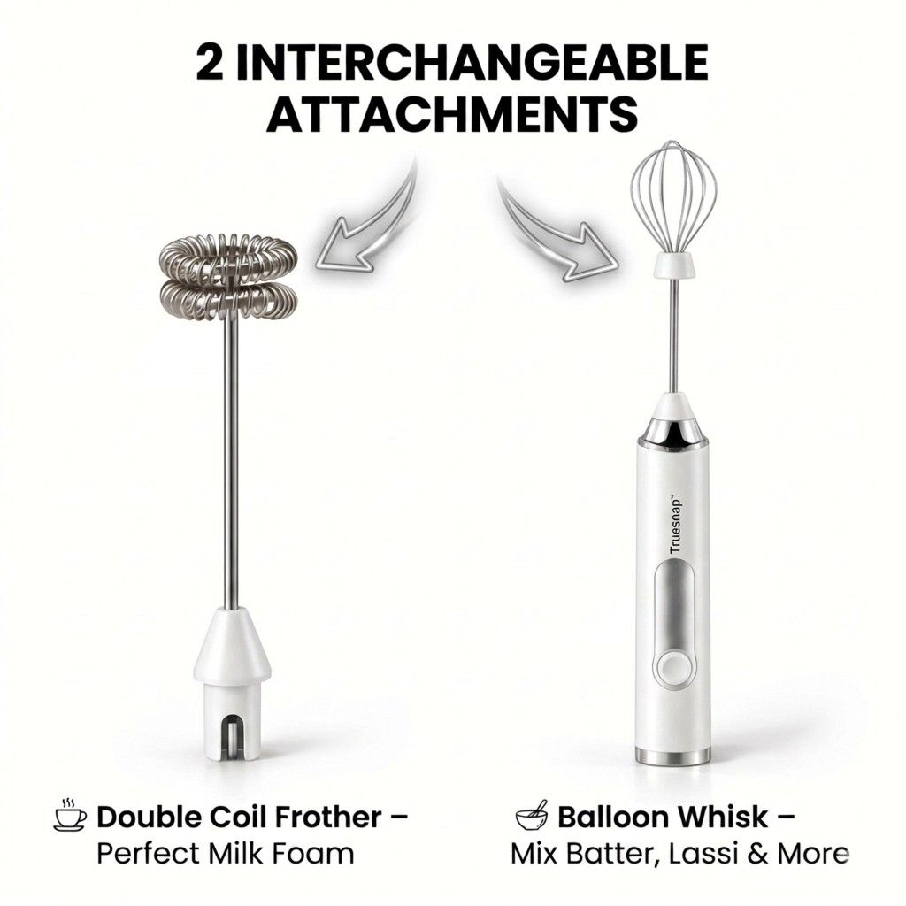 TrueSnap Milk Frother for Coffee with Stand, Handheld Milk Frother & Foam Maker, Portable Frother for Milk, Latte, Cappuccino & Home Kitchen Use - White