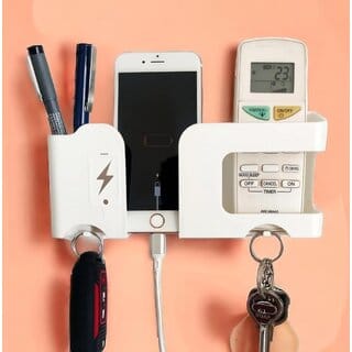 Wall Mount Mobile Holder | Plastic Storage Case for Ac/Tv Remotes | Multi-Purpose Wall Phone Stand for Charging | Remote Wall Organiser | Smart Stand Gadget(4 in 1 Multi-Use) White (Pack of 2) 