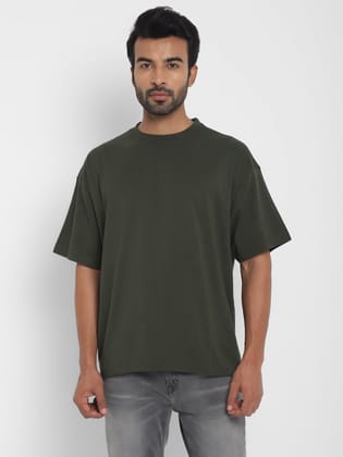 100% Cotton Oversize Round Neck T-Shirt - Dark Olive-S / Dark Olive