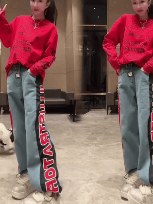 Illustrator Print Wide Leg Denim Pants-S / BLUE