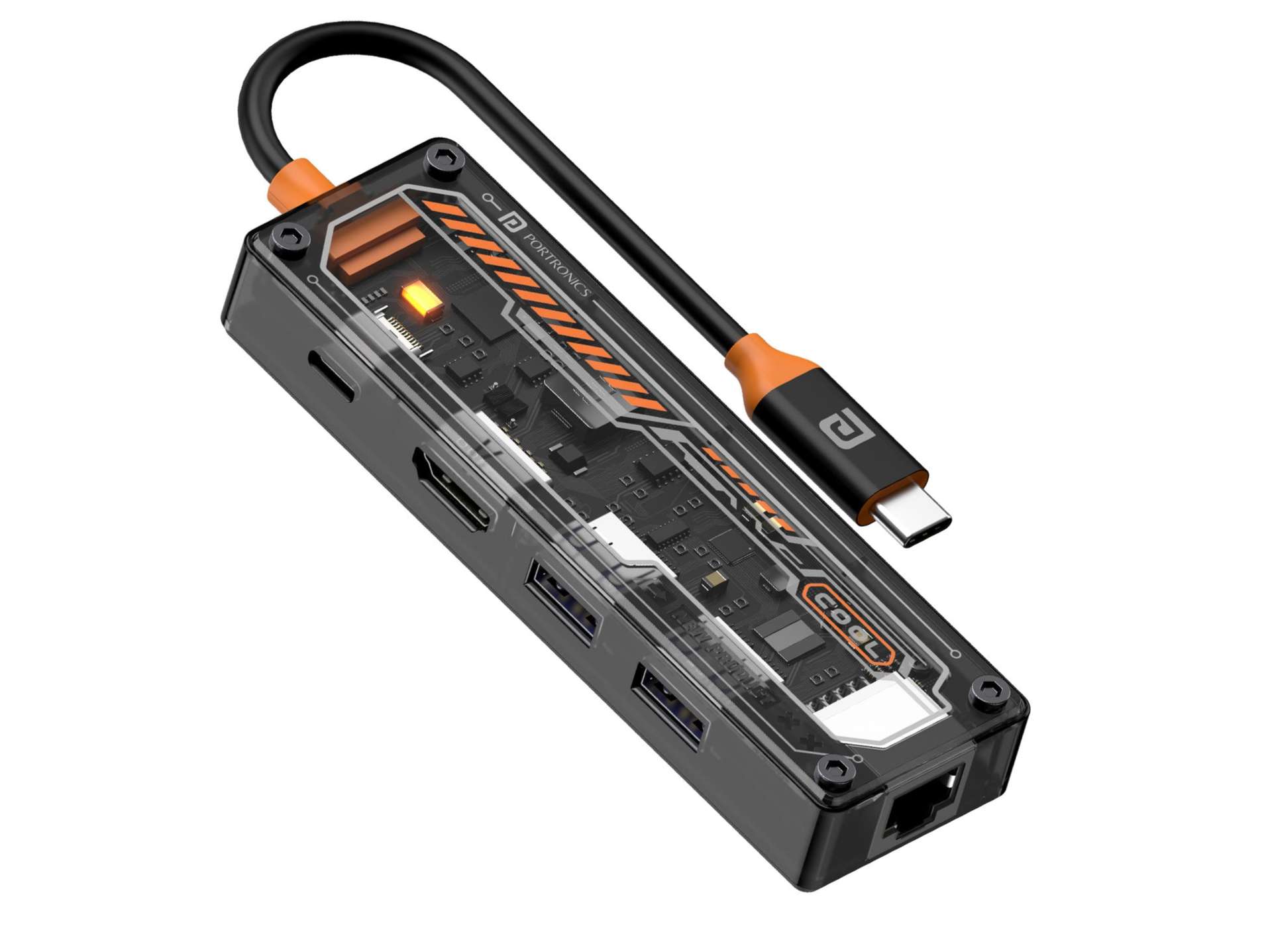 Portronics MPort View One 5-IN-1,Type-C Plug, Type-C PD,3.0,HDMI, 2.0,RJ45 Ethernet, Transparent Case