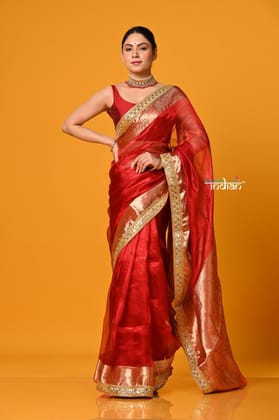 Param Sundari ~ Banarasi Organza Silk Tissue Saree with Designer Lace in Bestseller Red