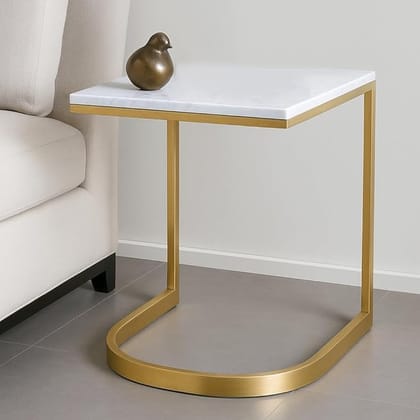 Modern C-Shaped Side Table with White Marble Top, Gold Metal Pvd Coating Base, Living Room End Table
