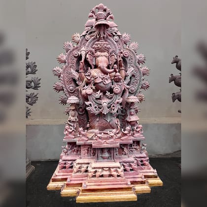 Lord Ganesha Khanja work intricate detail Pink Stone Statue