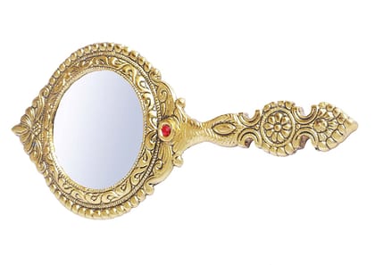 DreamKraft Beautifully Carved Round Shape Gold Plating Metal Hand Mirror for Makeup, Travelling, Salon Mirror & Decorative Mirror Antique Item for Wedding Gifts