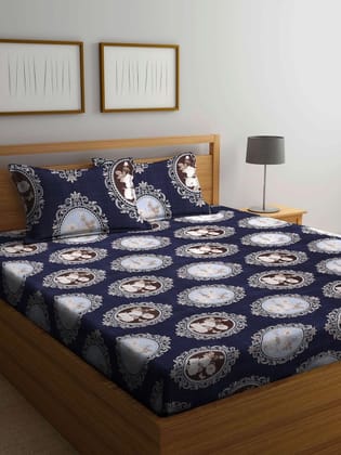 Blue & Brown Ethnic Motifs 300 TC King Bedsheet with 2 Pillow Covers