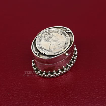 925 sterling silver unique design George v king emperor coin trinket box, kajal eyeliner box, Sindur box brides gift silver box stb763