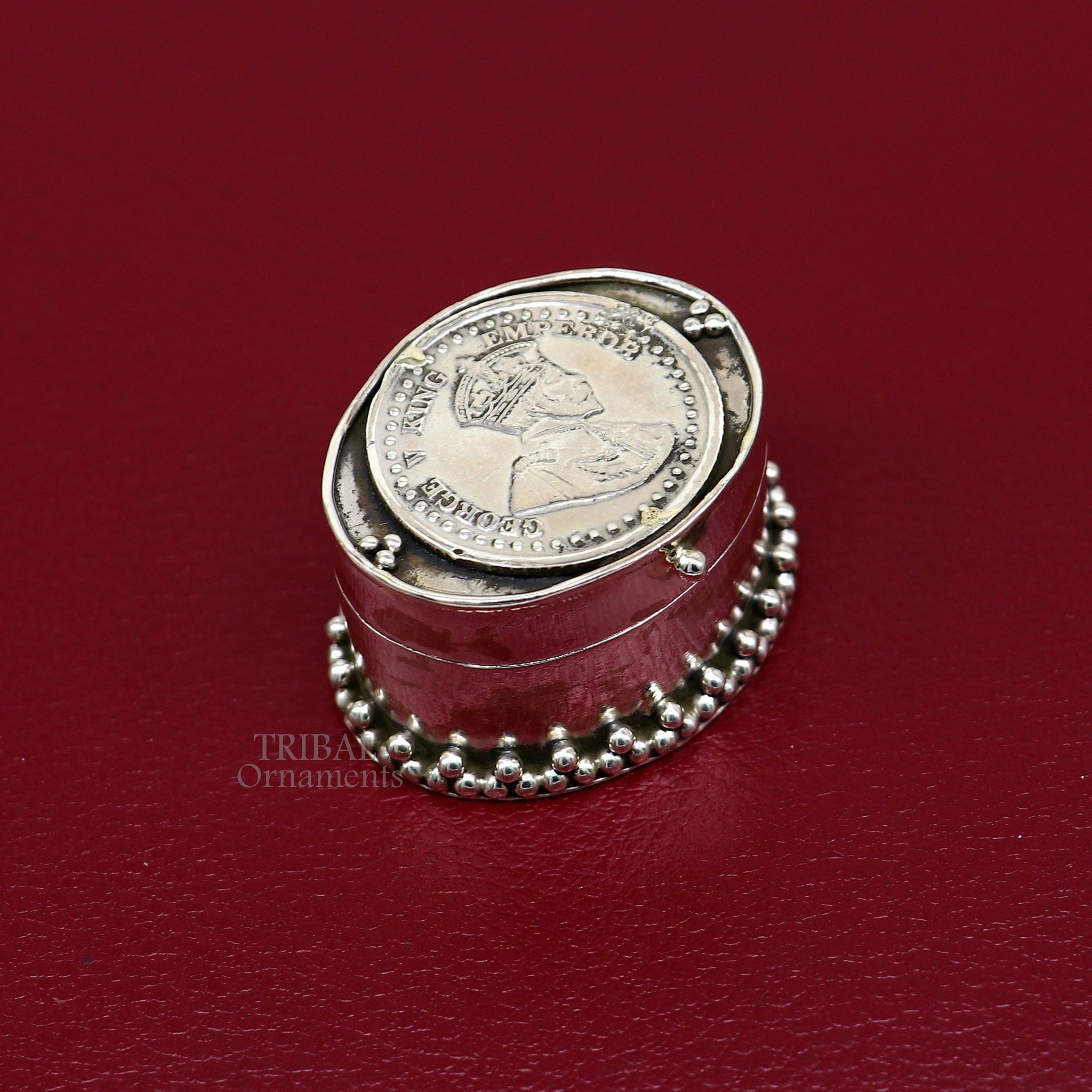 925 sterling silver unique design George v king emperor coin trinket box, kajal eyeliner box, Sindur box brides gift silver box stb763