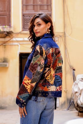 Ethnic Stitch Denim Jacket: Handmade Elegance-S