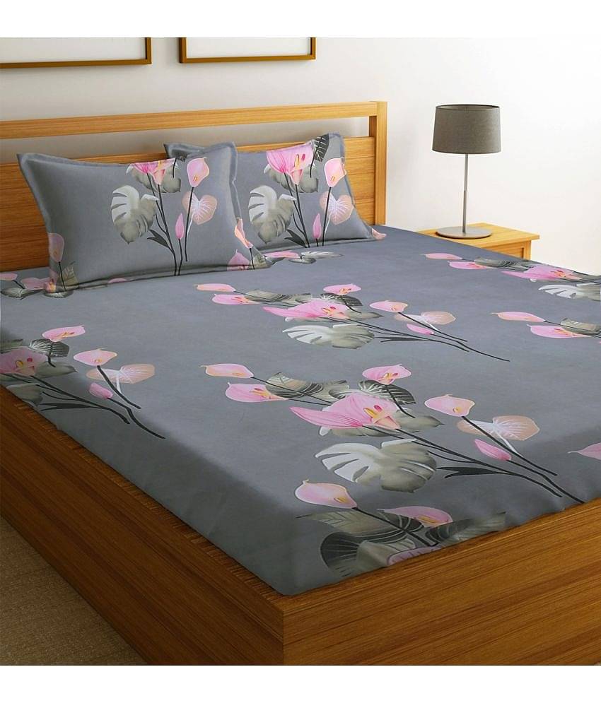 Neekshaa Cotton Floral Fitted Fitted bedsheet with 2 Pillow Covers ( Double Bed ) - Gray