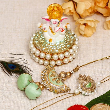 Designer Handcrafted Premium Bhaiya Bhabhi Rakhi with Lord Ganesha Idol on Decorative Handcrafted Plate for Home and Car and Roli Chawal Pack