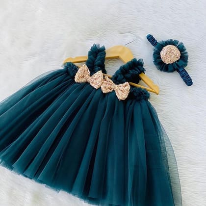 Teal Green Net Fabric Baby Kids Frock with Bow - Vootbuy | 0.6 - 6 Yrs-1-2 Year