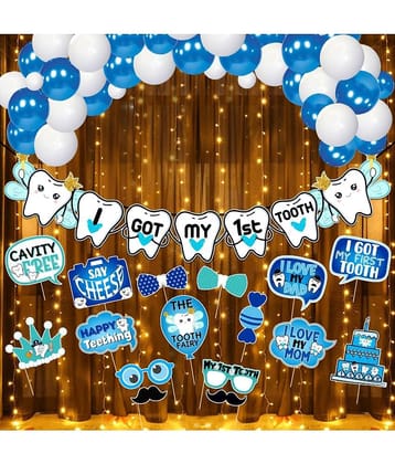 Zyozi I Got My First Tooth Decoration | First Tooth Decoration Items - Banner, Balloons with Photo Booth Props & Rice Light (Pack Of 43)