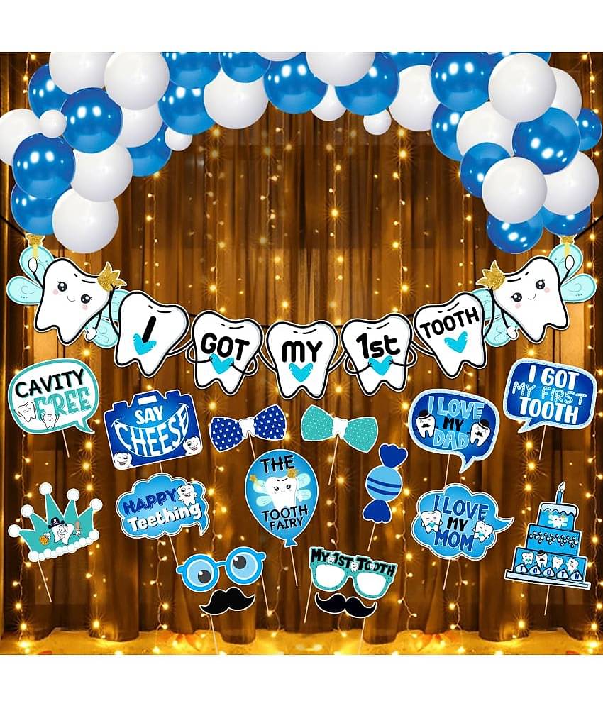 Zyozi I Got My First Tooth Decoration | First Tooth Decoration Items - Banner, Balloons with Photo Booth Props & Rice Light (Pack Of 43)