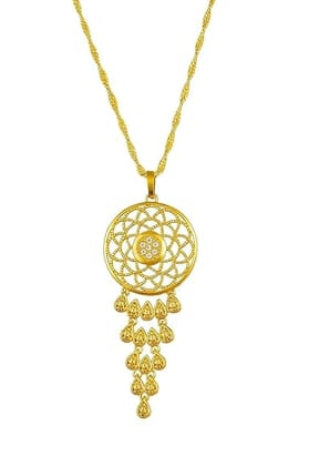 Gold Plated Filigree Pendant Necklace with Teardrop Dangles, Rope Chain, Ethnic Design