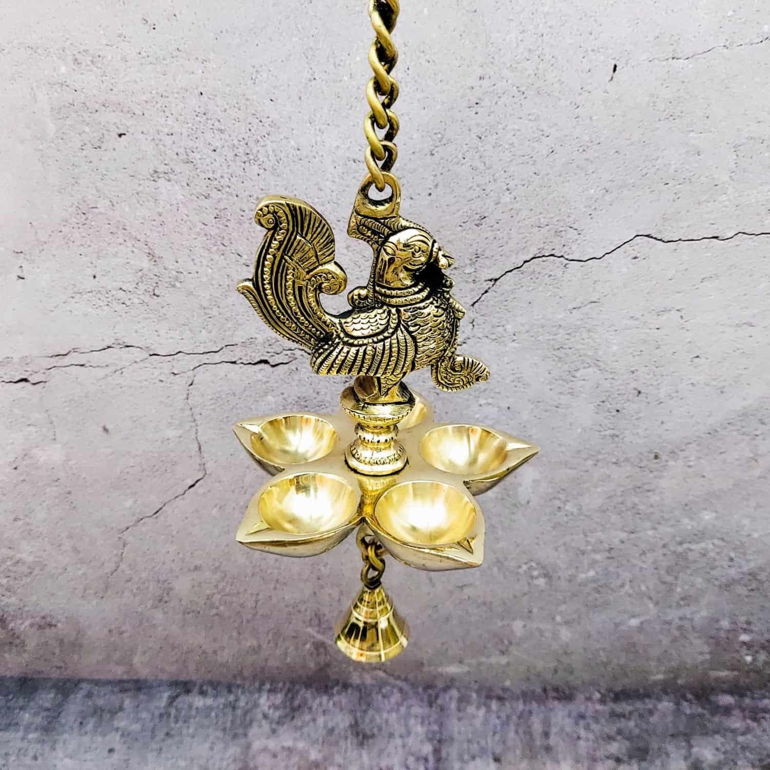 Brass Super Fine Peacock Hanging five Wick Diya - 25 inch Height | Magnificent Brass Peacock Wall Hanging Diya with Five Wicks