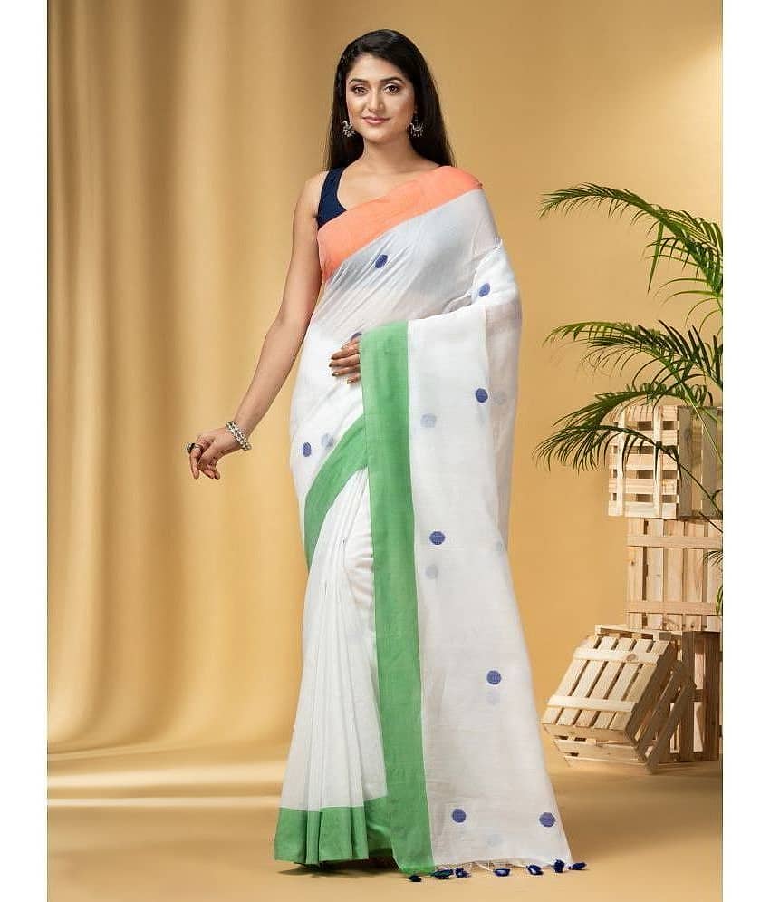Desh Bidesh Cotton Self Design Saree With Unstitched Blouse Piece ( White )
