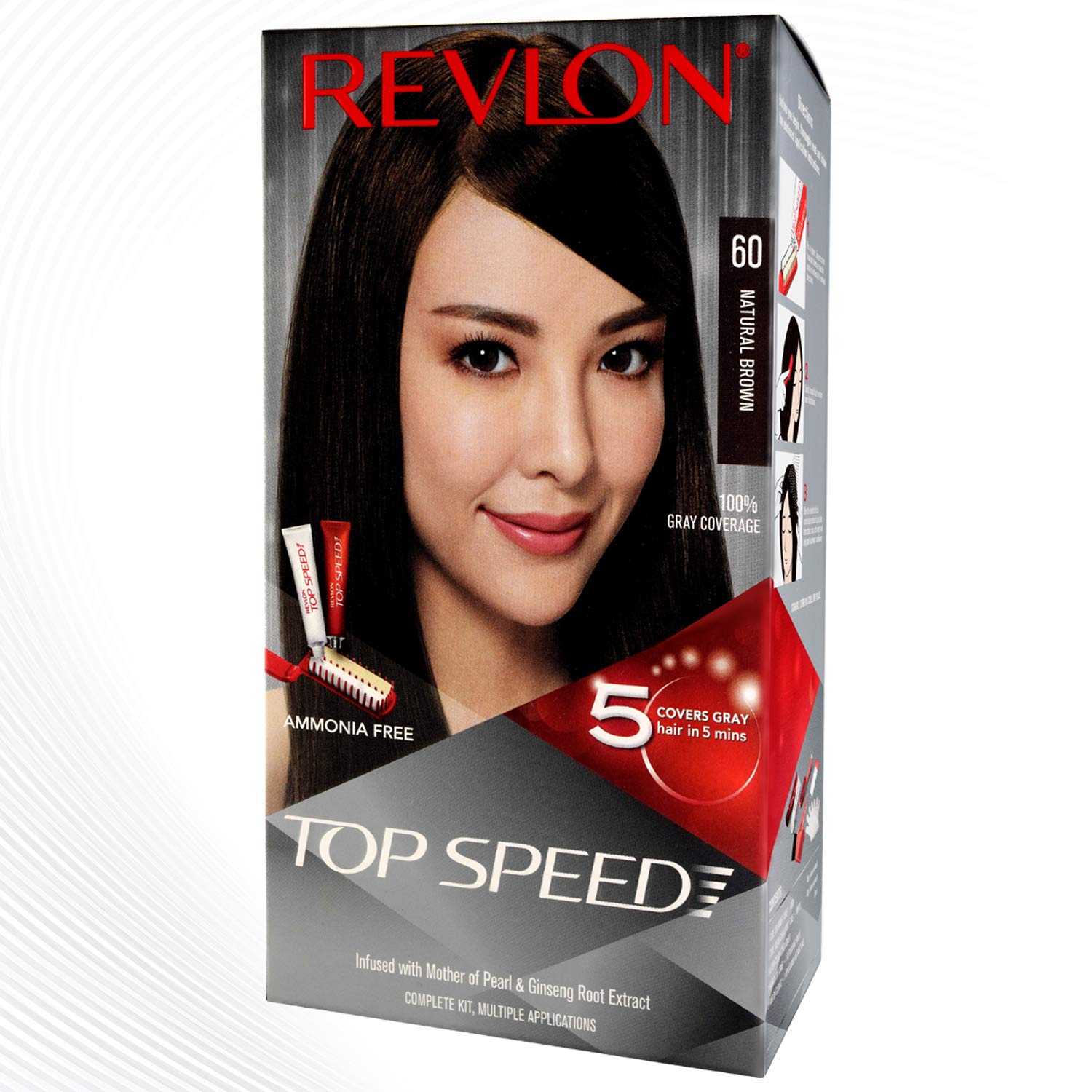 Revlon Top Speed Hair Color With Ginseng Root Extract & Mother Of Pearl For Women, 40G + 40G + 15 Ml - Natural Brown 60
