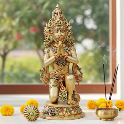 Brass Hanuman Ji Murti Idol - Home Temple Showpiece, Height : 12.5 Inch (BSMAS1424 H)