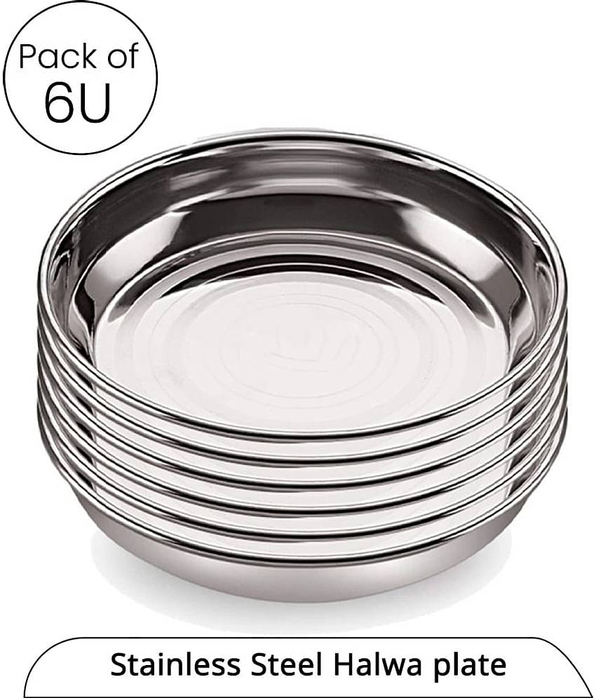 Dynore Stainless Steel Dessert, Halwa, Mithai Plate for Kitchen Serving, 11cm Dia per unit, (Pack of 6)