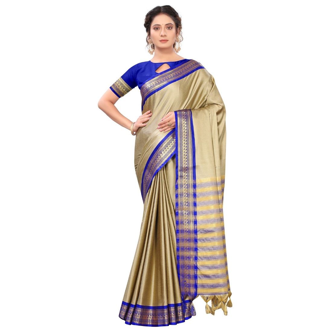 Generic Women's Cotton Silk  Saree with Blouse (Blue, 5 - 6 Mtrs)