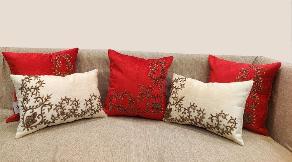 Red Cream Maroon Set of 5 Ethnic Beaded Embroidered Square Cushion Covers Combo for Sofa Home Bedroom - Ethnic Shoes | Buy online on ZillyBuy