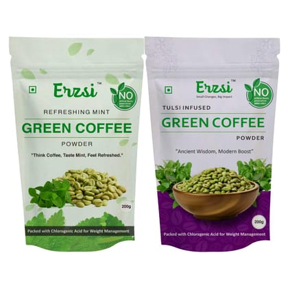 ERZSI Green Coffee Powder Combo Pack - Tulsi & Mint Flavored | Pure Unroasted Arabica Beans for Weight Loss & Detox | High Chlorogenic Acid | Weight Loss Supplement | 200G Each