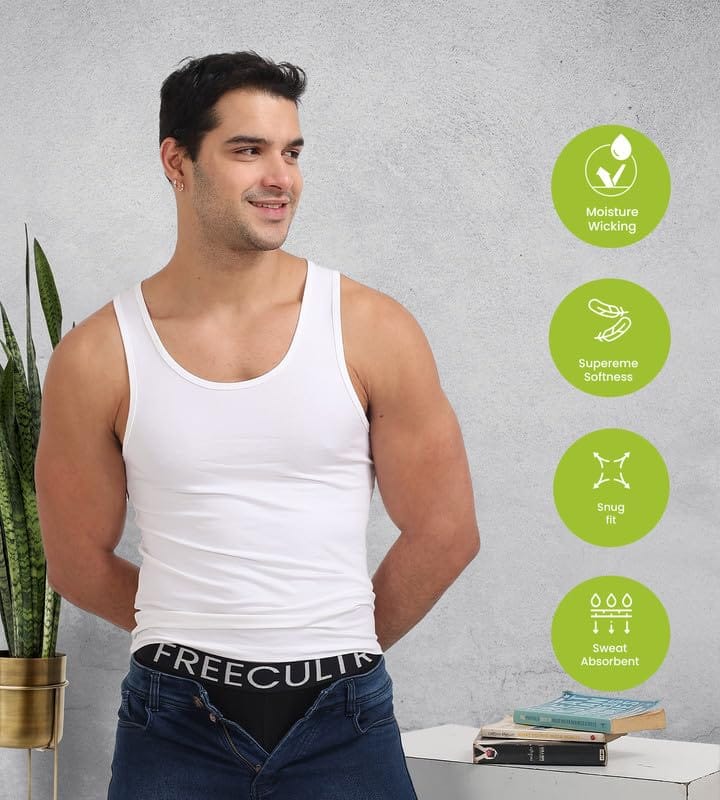 Freecultr Cotton Vest for Men Sleeveless Lightweight Solid Round Neck Comfort Vests Breathable & Comfortable Innerwear Sando for Man Regular Fit Pack of 1-White