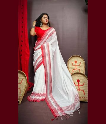 SARADA HANDLOOM Cotton Printed Saree With Unstitched Blouse Piece ( White )