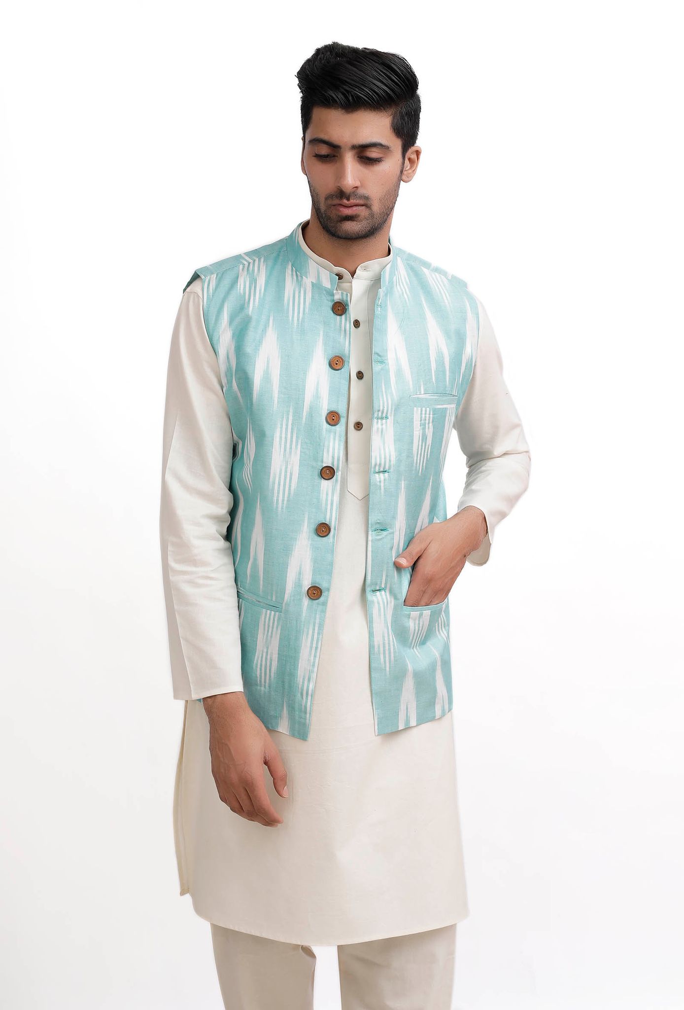 Ice Blue Ikat Nehru Jacket-38