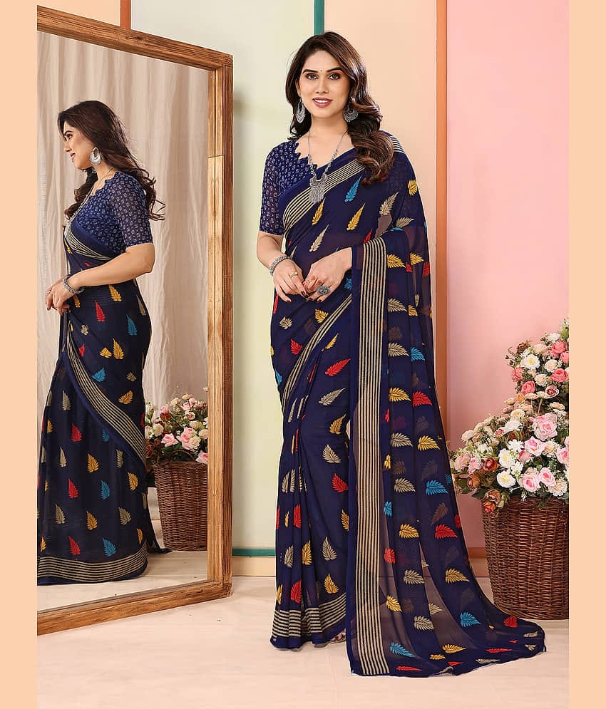 ANAND SAREES Georgette Printed Chanderi saree With Unstitched Blouse Piece ( Blue )