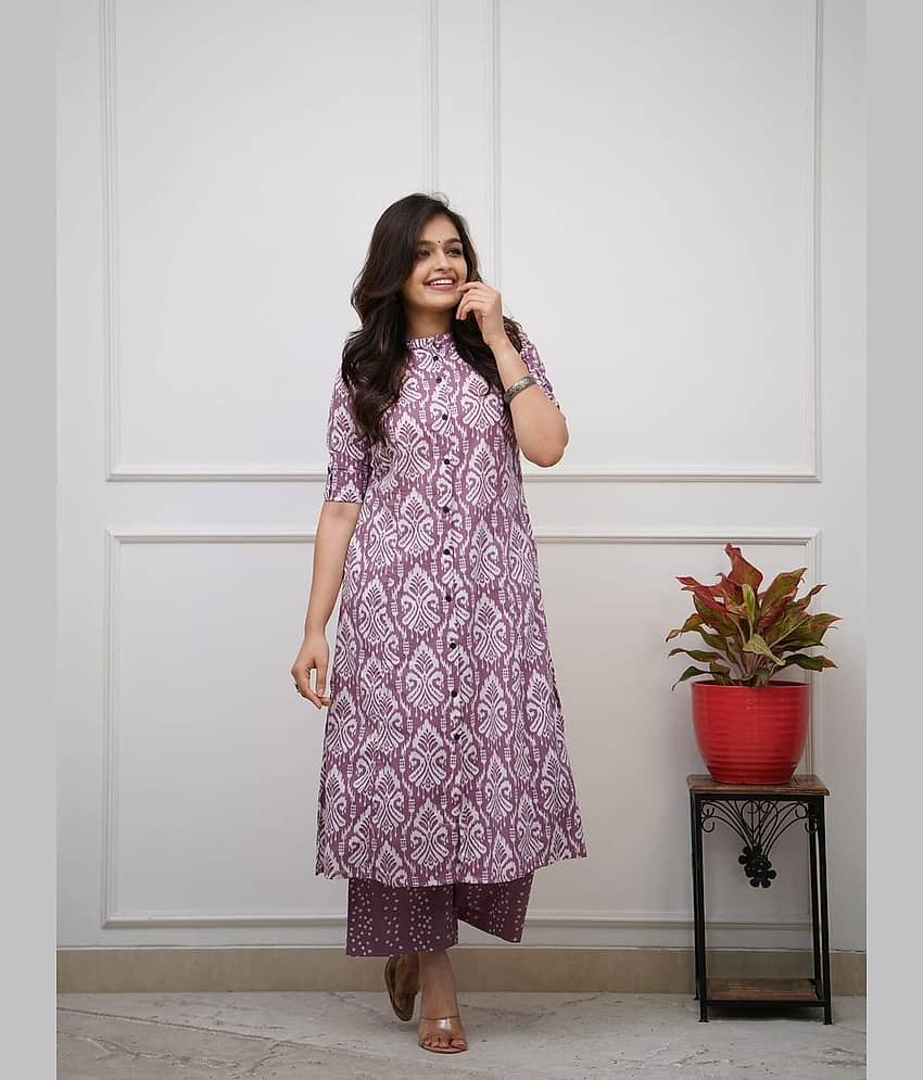 Mahek Fashion Women Cotton Blend Printed A-line Kurti With Palazzo ( Purple )