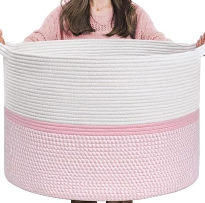 Generic Cotton Dori 16x14 Inch Storage Basket For Clothes With Out Lid (White-Pink-White)-PID66468