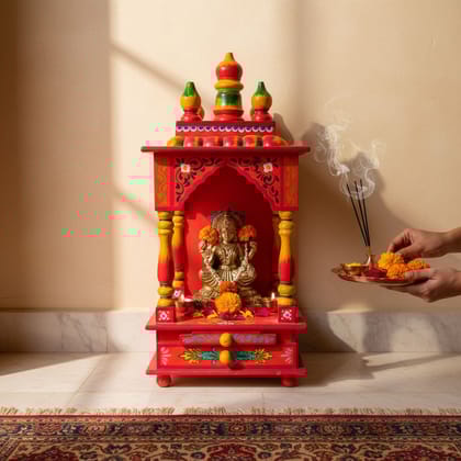 Red-Yellow Hand-Painted Mandir in Living Room | Devi-Devta Temple