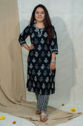Salt & Pepper Black Cotton Kurta and Pant Set-S
